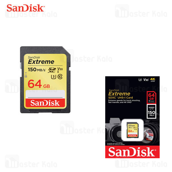 کارت حافظه اس دی 64 گیگابایت سن دیسک SanDisk Extreme SDXC UHS-I Card 4K UHD 150MB/s 64GB